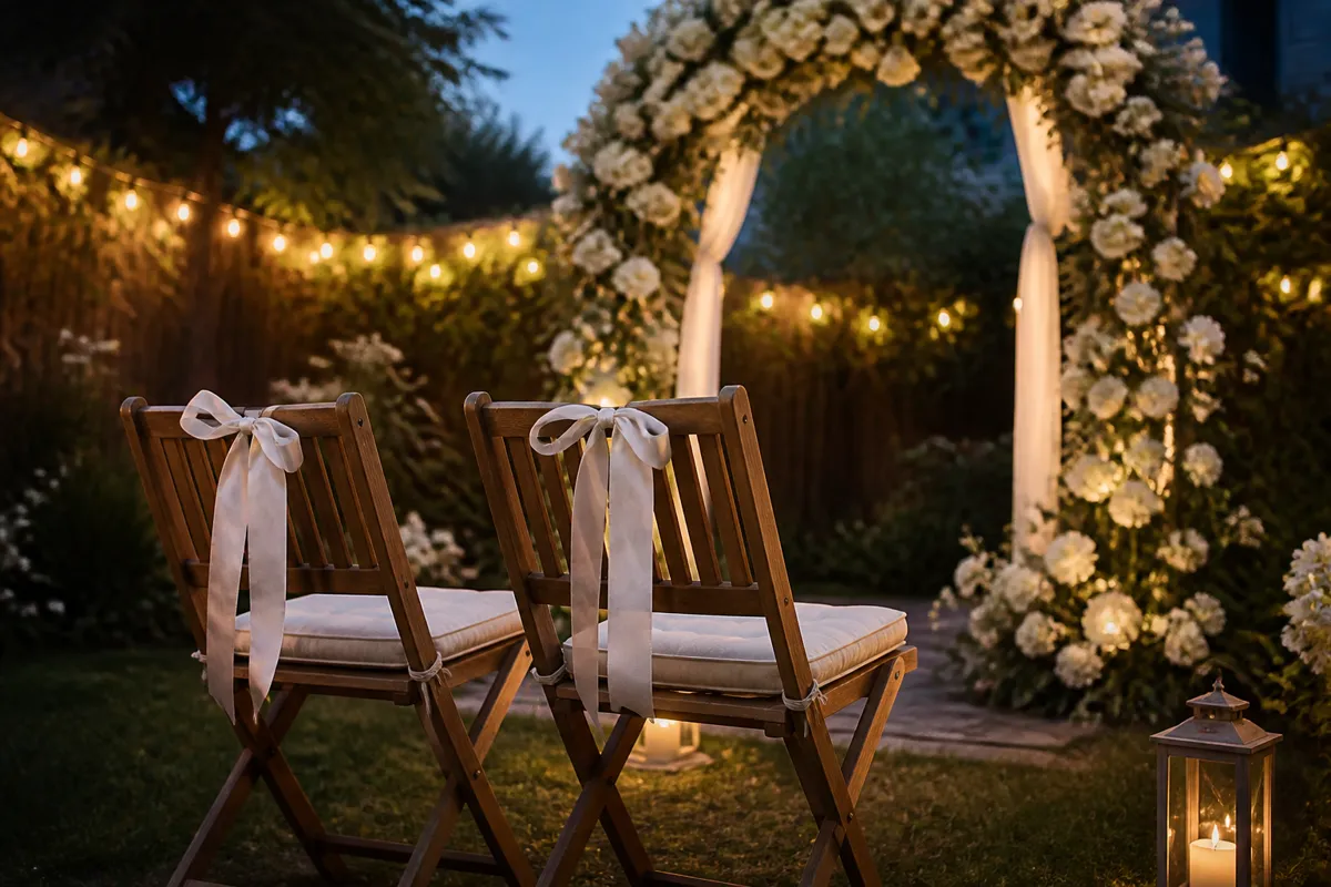 Two wooden garden chairs trimmed with white ribbon facing a flower-decked arch in a backyard, fairy lights softly out of focus, dusk
