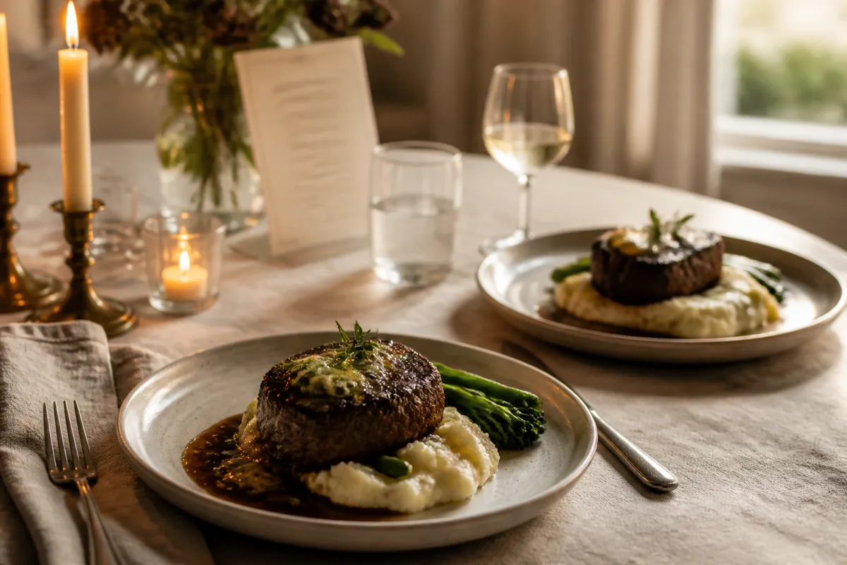 Two elegantly plated dinners on a home table with taper candles and a handwritten menu card out of focus