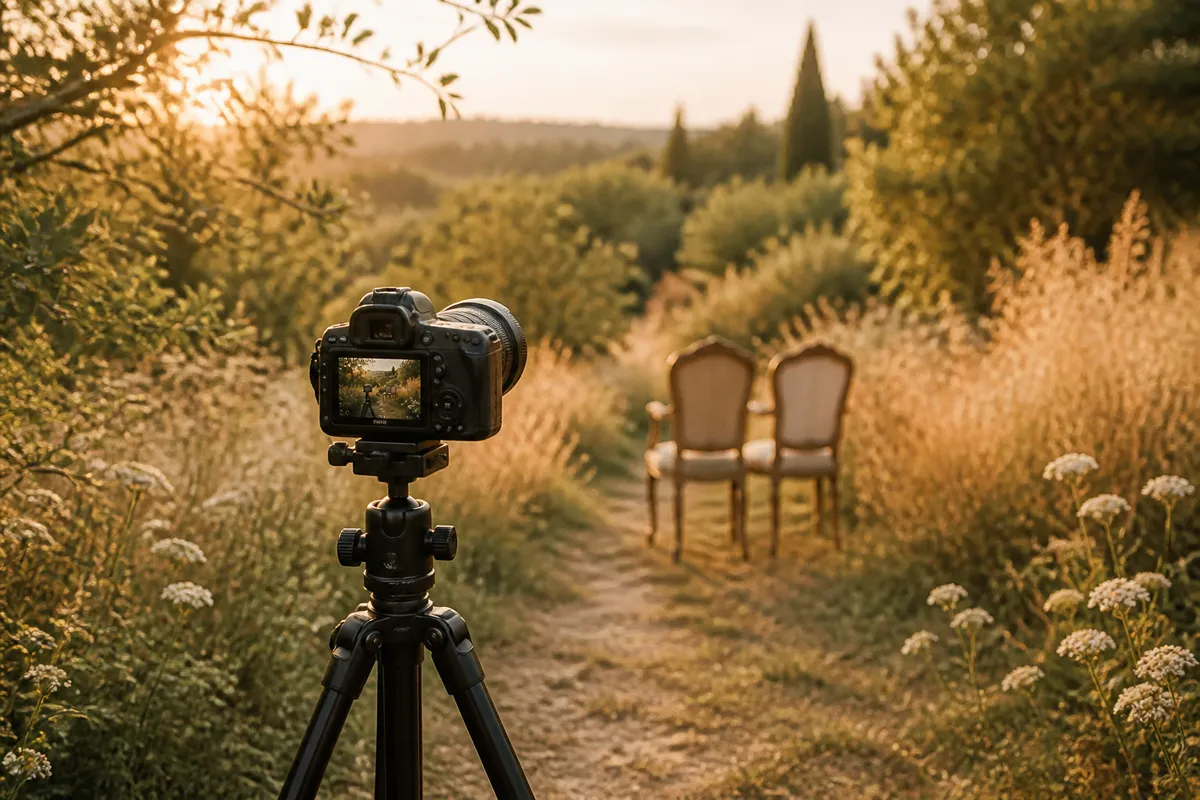 A camera on a tripod facing a golden-lit meadow path where two empty vintage chairs sit close together, no people