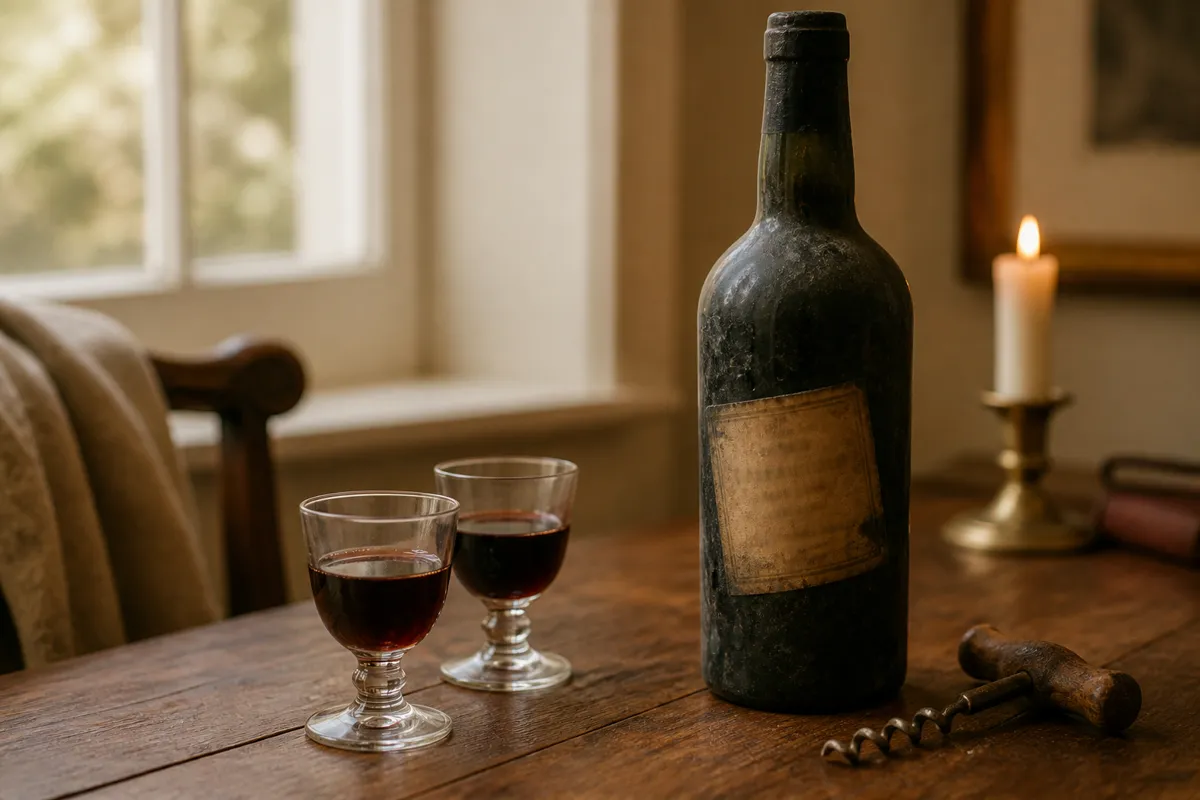 A dusty bottle of vintage port beside two small glasses and a corkscrew on a wooden table, the label at an angle and softly out of focus, ca