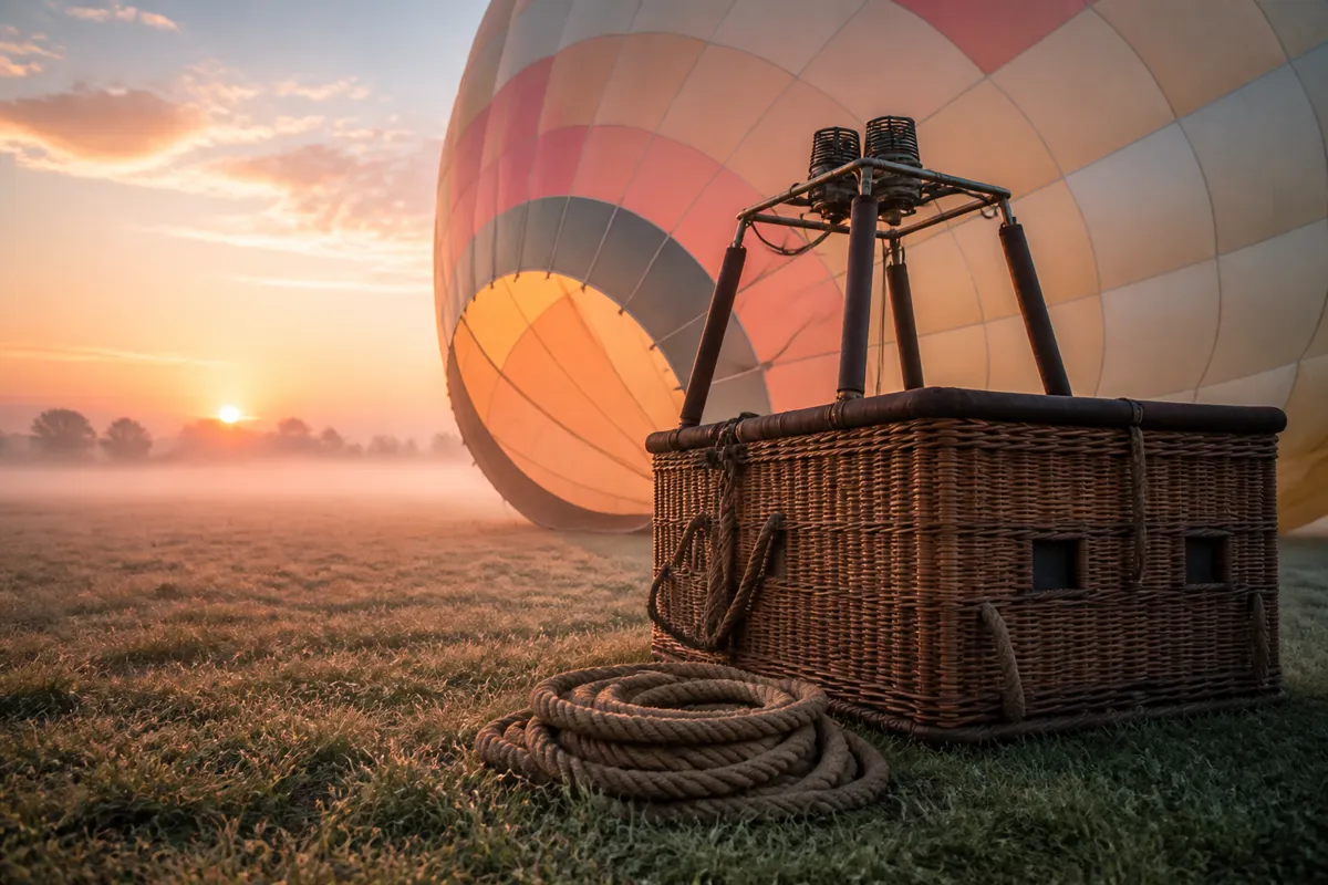 A hot air balloon inflating at dawn in a misty field, the wicker basket and coiled rope in the foreground, pastel sky