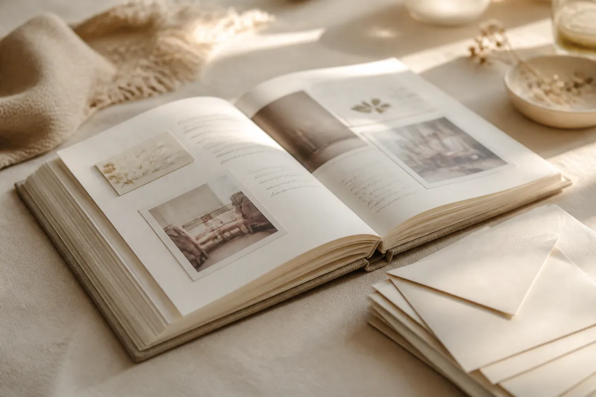 A bound memory book open at an angle with photos and handwriting softly out of focus, beside a stack of envelopes, afternoon light