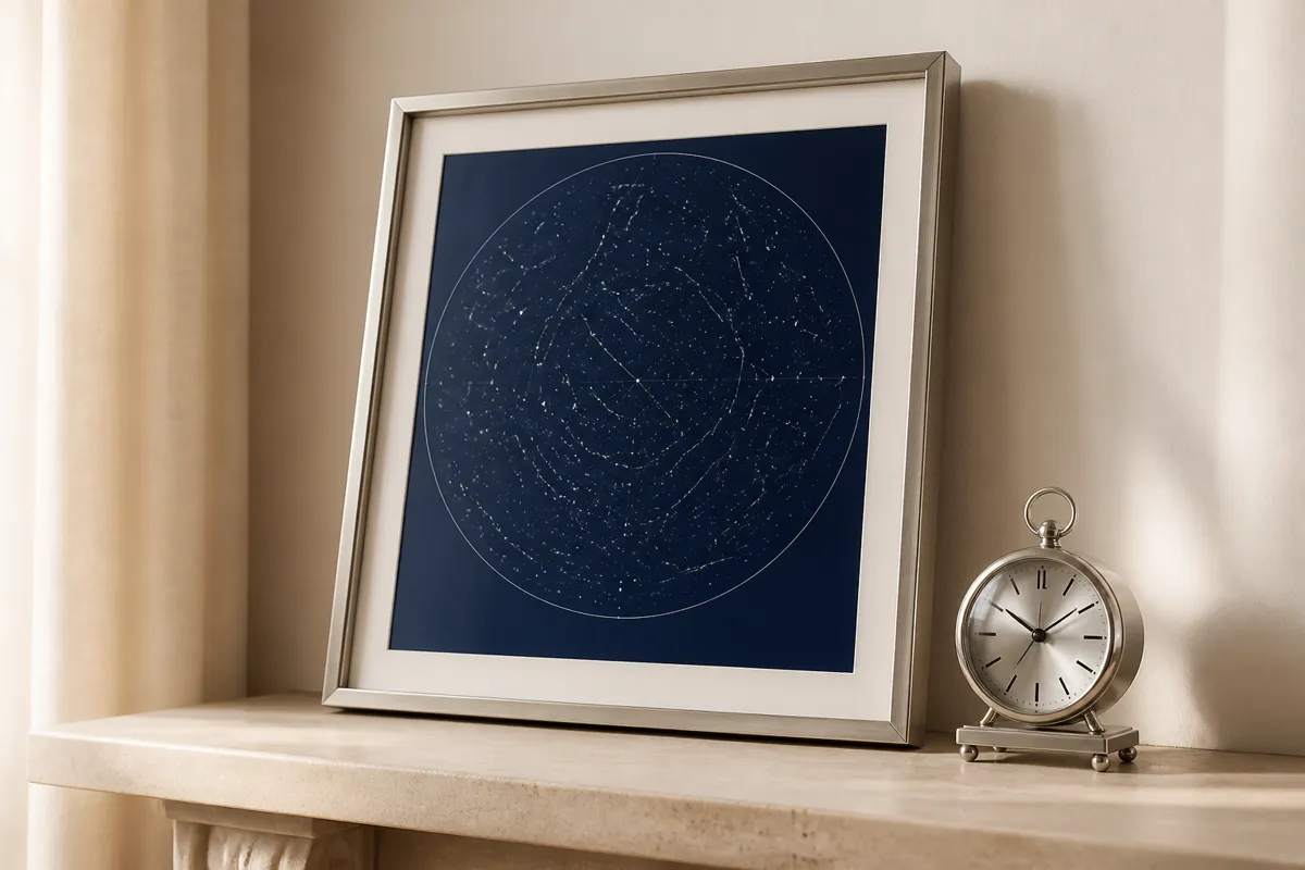 A framed navy star map print with fine white constellations leaning on a shelf beside a small silver clock