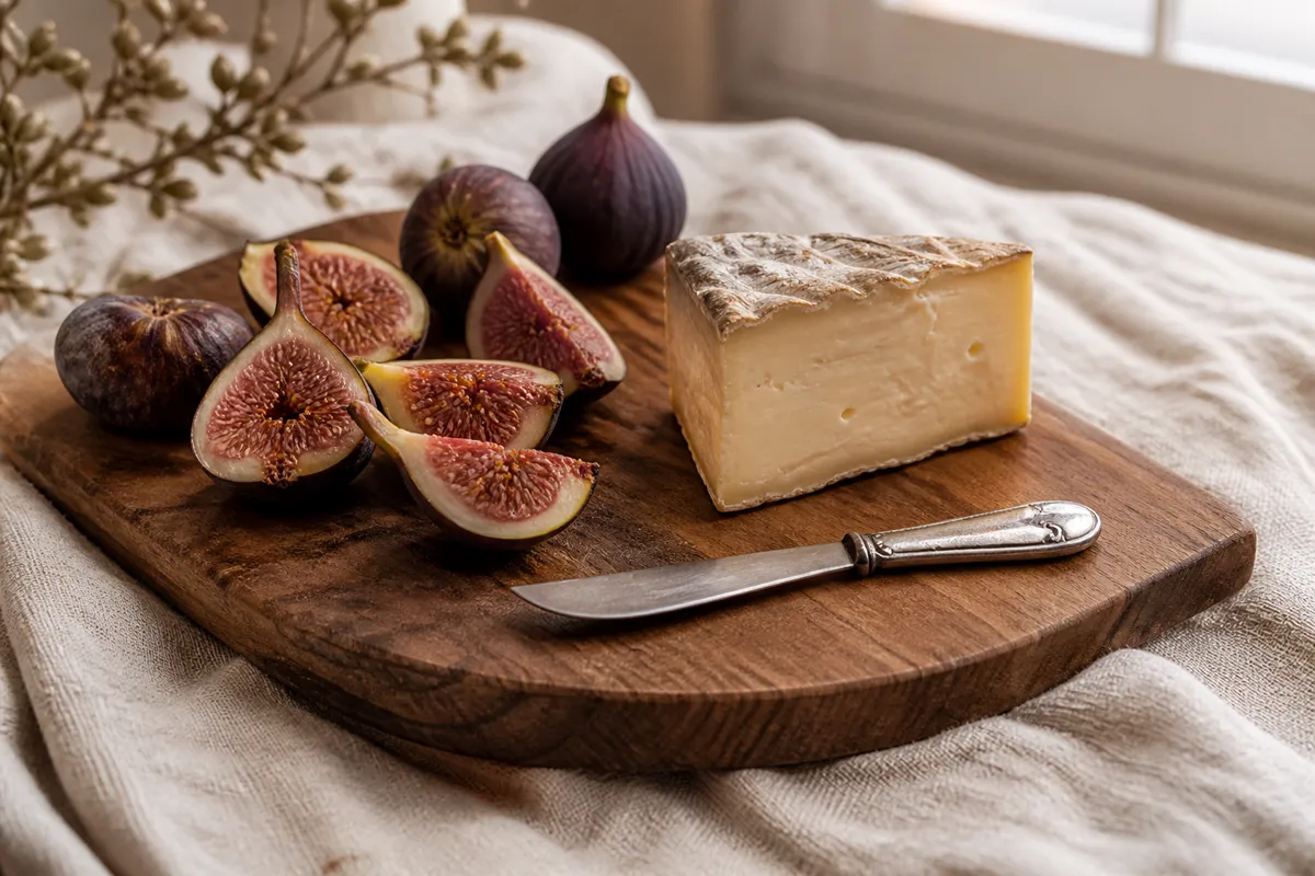 A hardwood serving board with a small engraving softly out of focus, laid with figs, cheese and a silver knife on a linen runner