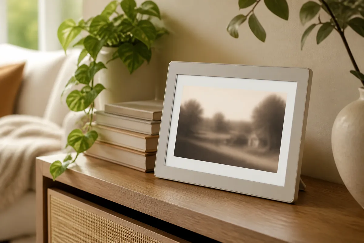 A digital photo frame on a living-room shelf showing a softly blurred old photograph, beside books and a trailing plant