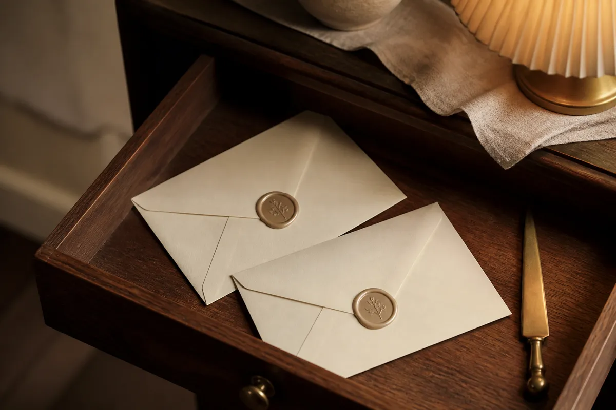 Two sealed cream envelopes with wax seals resting in a shallow wooden drawer beside a brass letter opener