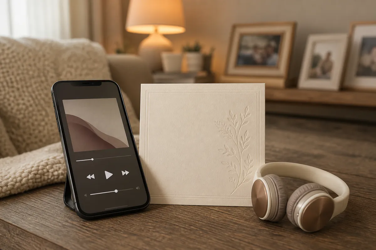 A smartphone playing music on a family living-room table beside a printed cream song card and small headphones, framed family photos softly 