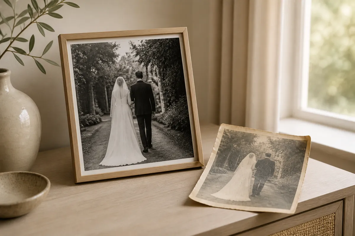 A crisply restored black and white wedding photograph in a frame propped beside its faded, curled original print on a sideboard