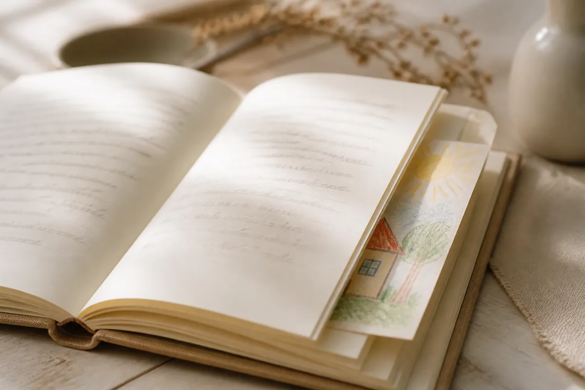 A linen-bound book open at an angle with handwritten pages softly out of focus, a child's crayon drawing peeking from between the pages, aft