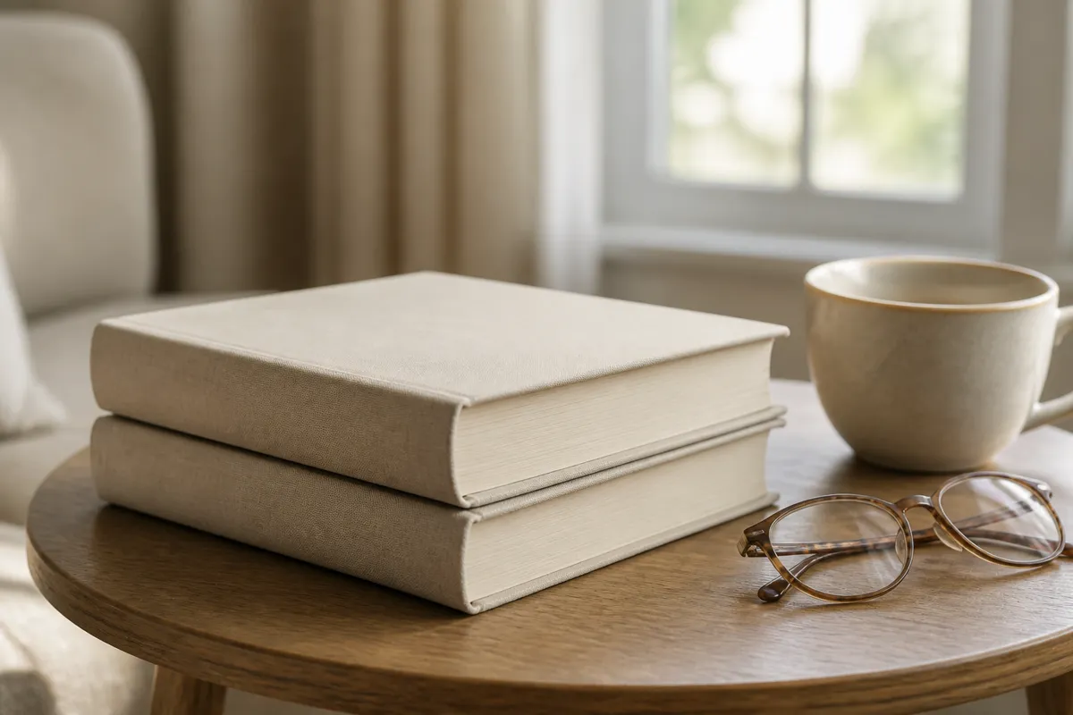 Two matching hardcover books with plain cloth spines stacked on a side table beside reading glasses and a teacup