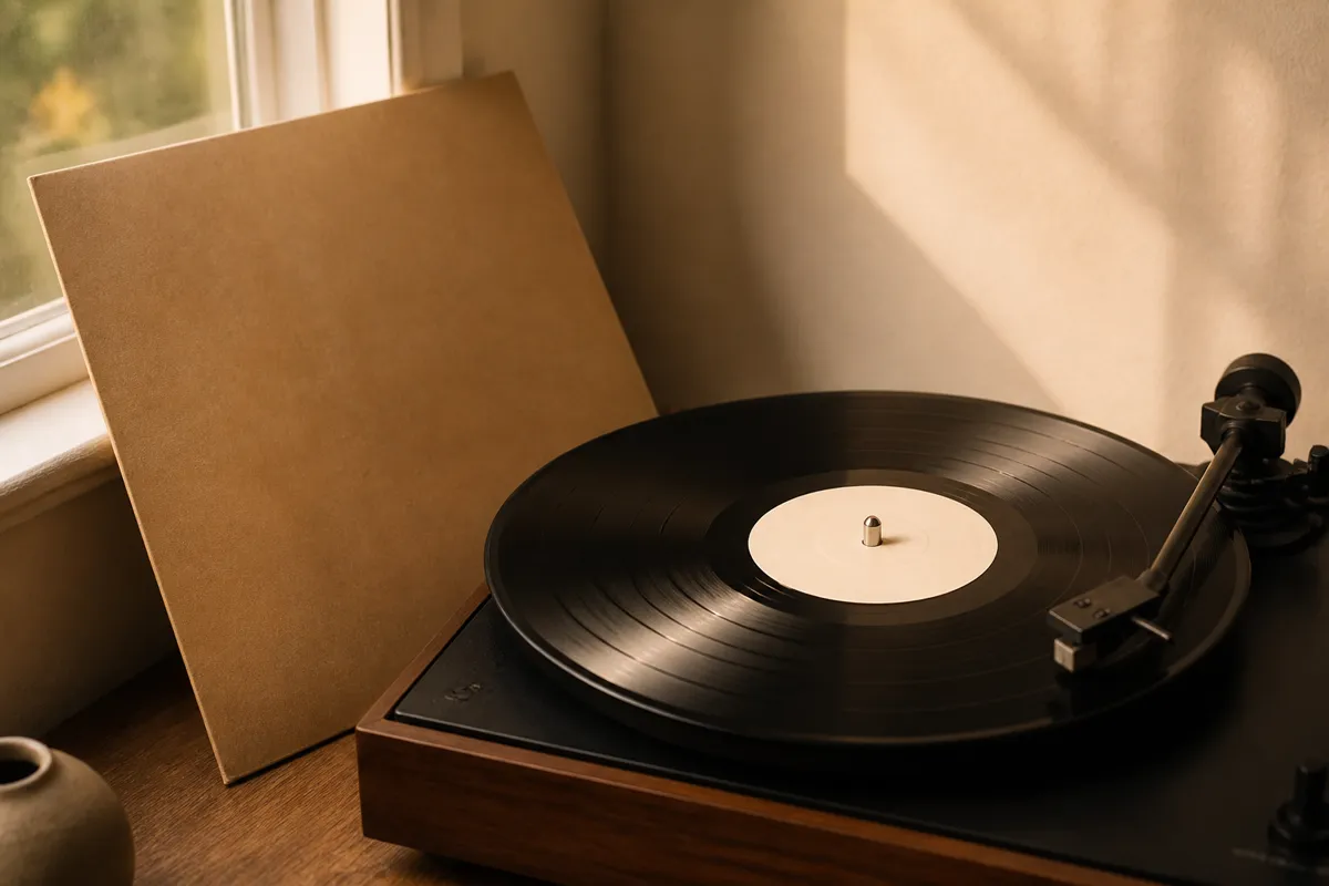 A single vinyl record with a plain cream center label resting on a turntable, its kraft sleeve leaning nearby