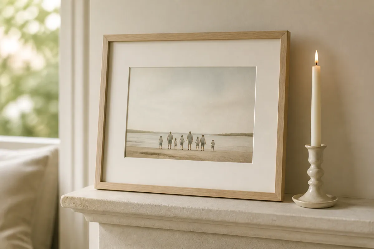A framed illustration of a large family group seen from a distance with tiny soft figures, propped on a mantel beside a candle