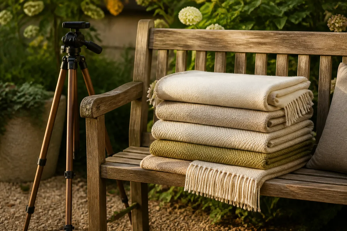 A wooden bench in a garden with a photographer's tripod and a stack of folded picnic blankets, golden hour light, no people