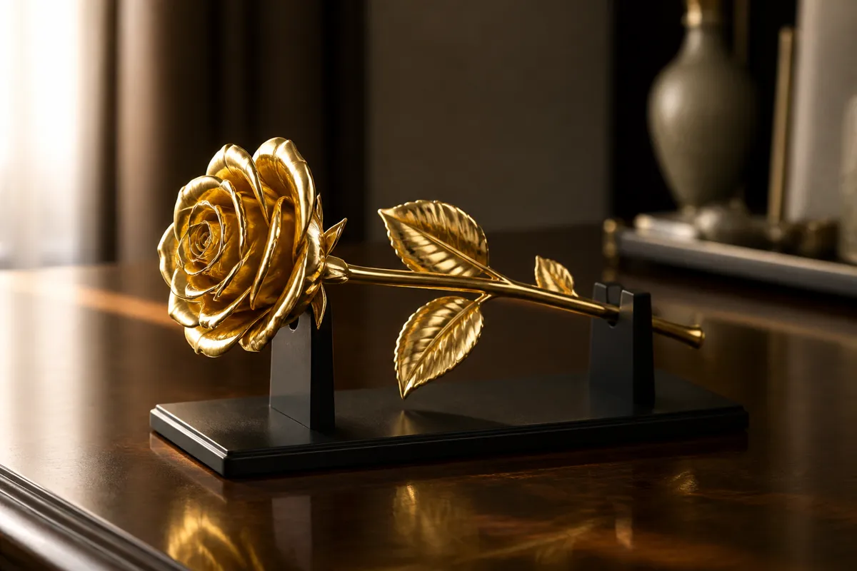 A gold-dipped rose on a black display stand catching warm light on a polished dresser