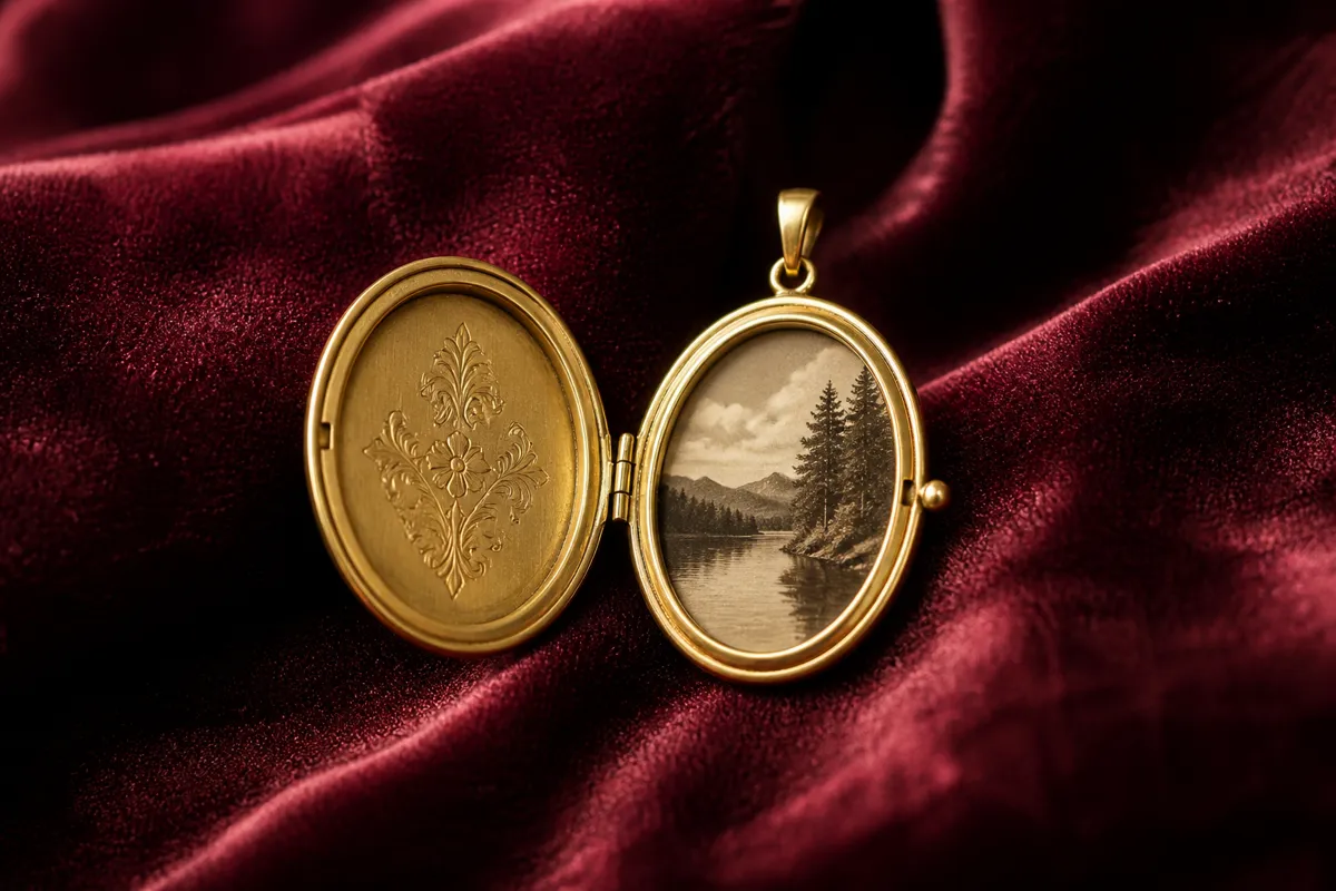 An open gold locket with a tiny photograph inside, laid on deep burgundy velvet