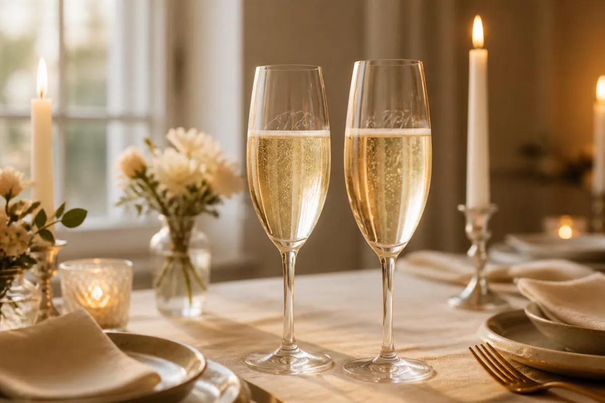 Two engraved champagne flutes with the lettering softly out of focus, filled and catching candlelight on a set dinner table