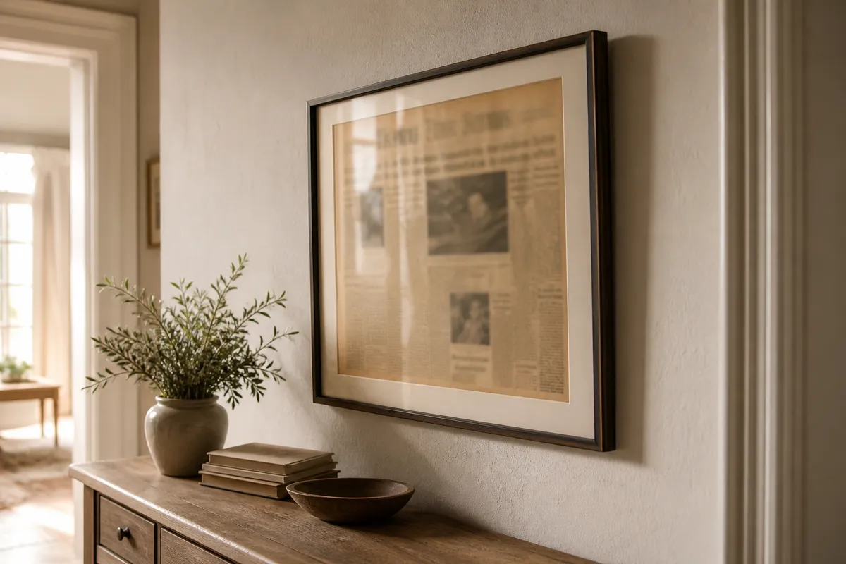 A framed yellowed newspaper front page hanging at an angle with the headlines softly out of focus, above a hallway console