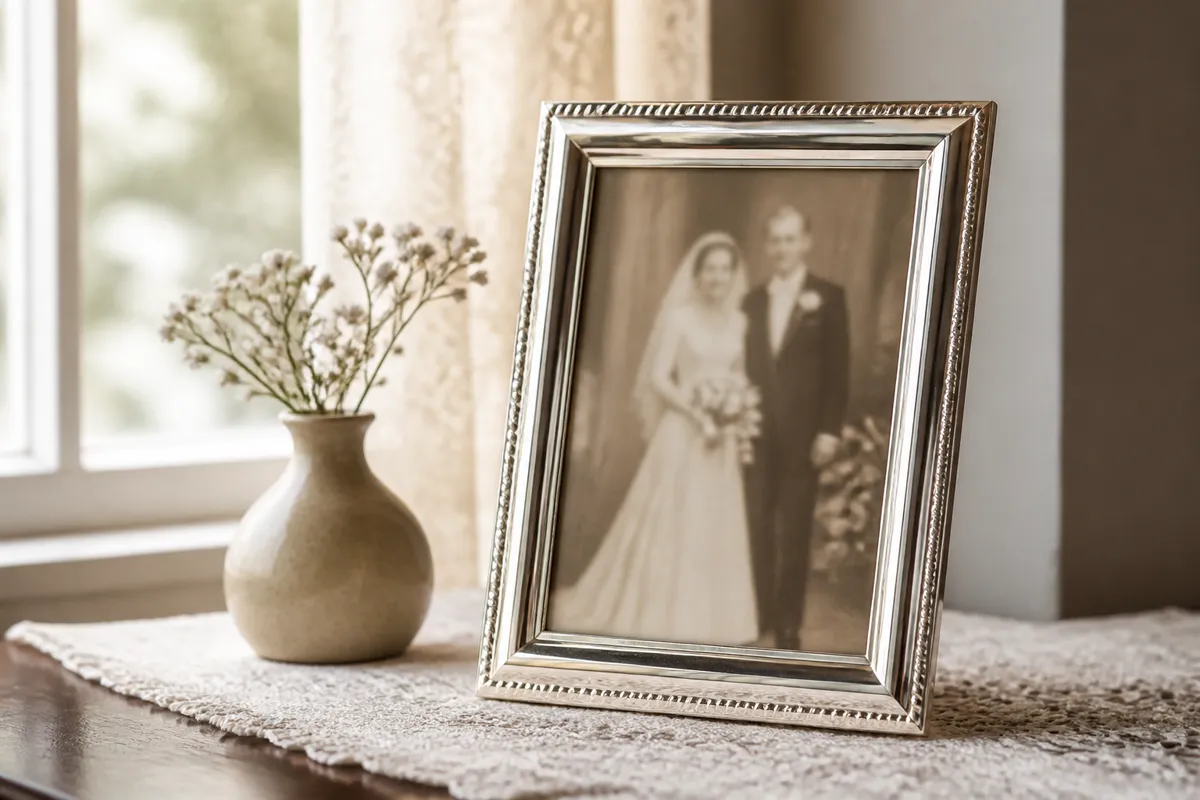A polished silver frame holding a softly blurred vintage wedding photo, standing on a lace runner beside a small vase, window light