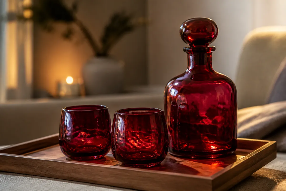 Two hand-blown ruby-red glass tumblers glowing on a wooden tray beside a matching decanter, low evening light