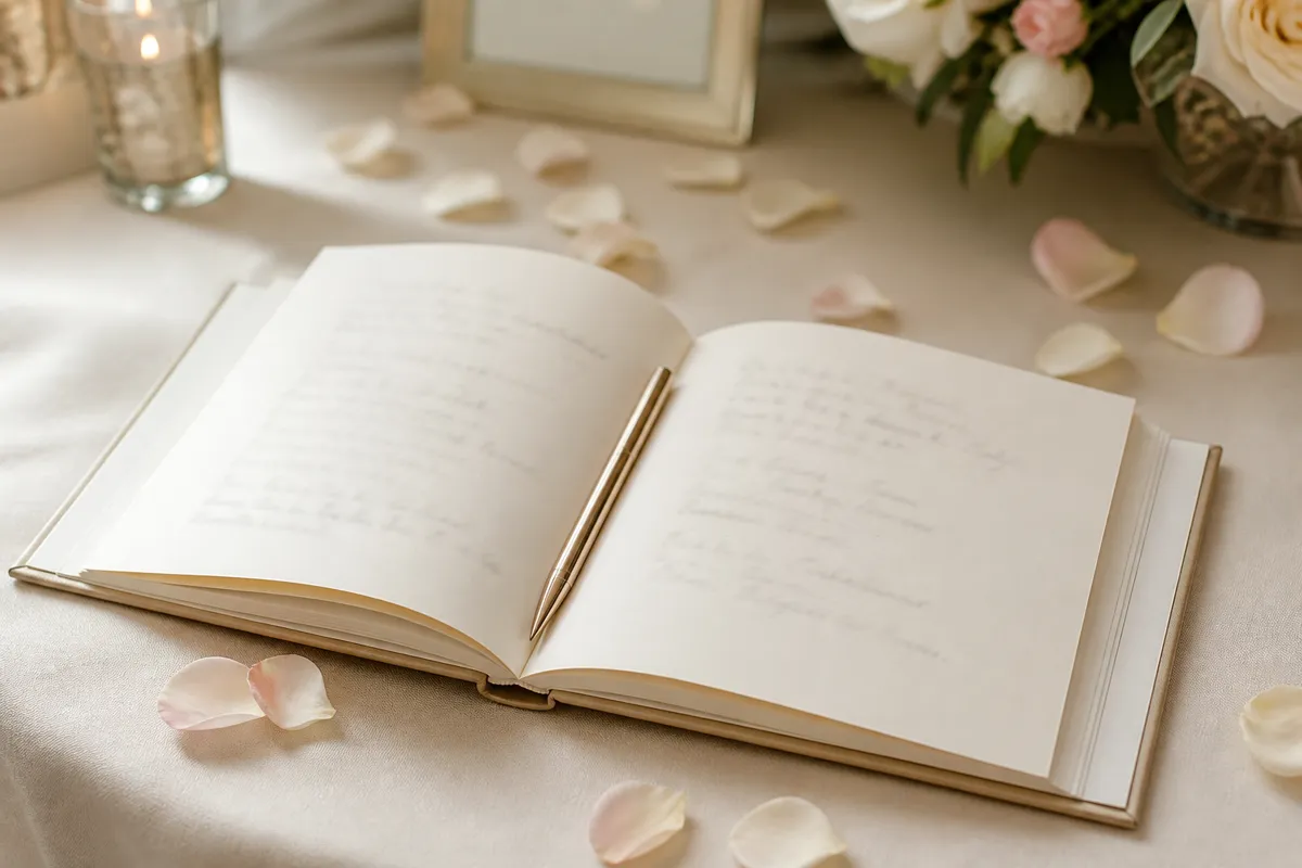 A cream guest book lying open with the handwriting softly out of focus, a pen resting in the fold, on a party table with scattered petals
