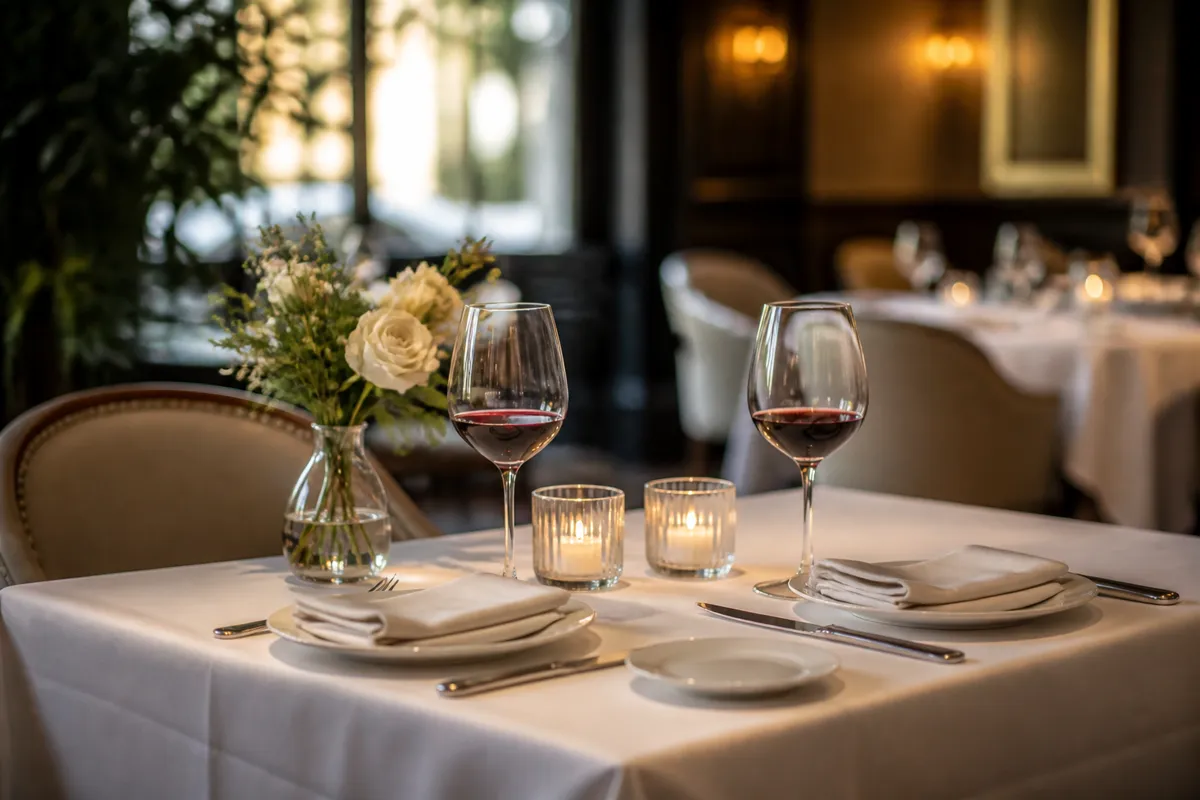 A restaurant table for two set with white linen, candlelight and two glasses of red wine, the dining room blurred behind