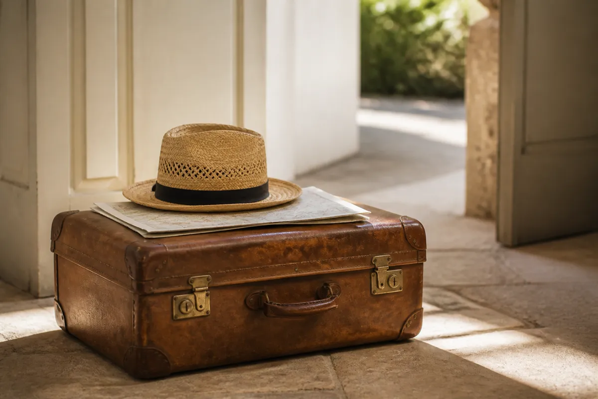 A vintage leather suitcase with a straw hat and a folded map resting on top, standing in a sunlit doorway