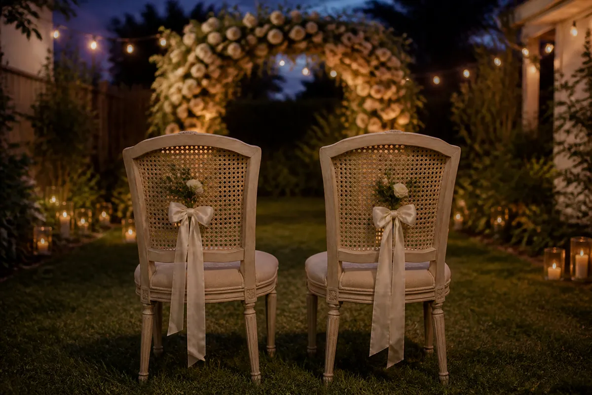 Two garden chairs decorated with white ribbon facing a rose arch in a backyard, string lights softly out of focus, dusk