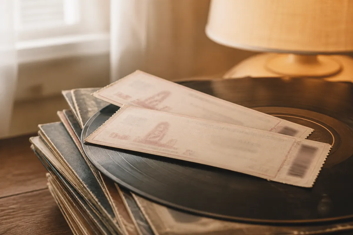 Two tickets at an angle with the print softly out of focus resting on a stack of worn vinyl records