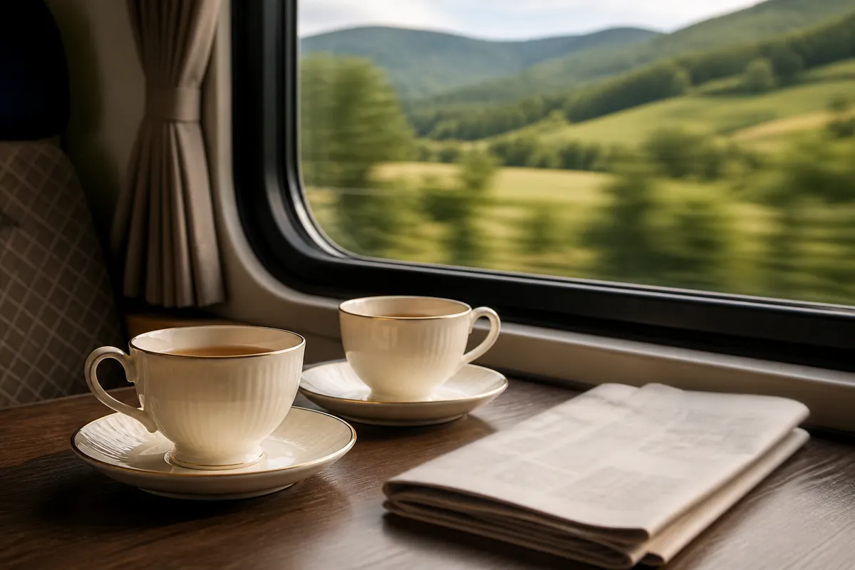 A train window table set with two teacups and a folded timetable out of focus, rolling green landscape blurred beyond the glass