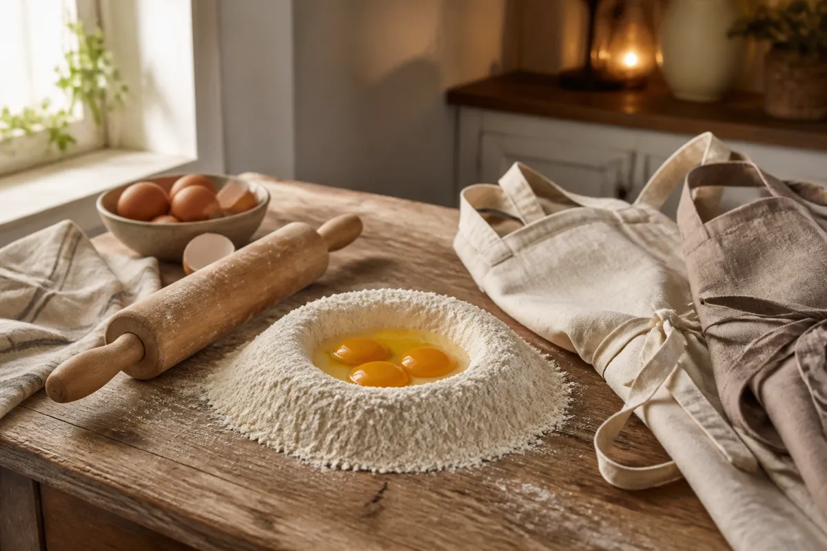 A pasta-making station with a flour well and eggs, a rolling pin and two linen aprons on a rustic table