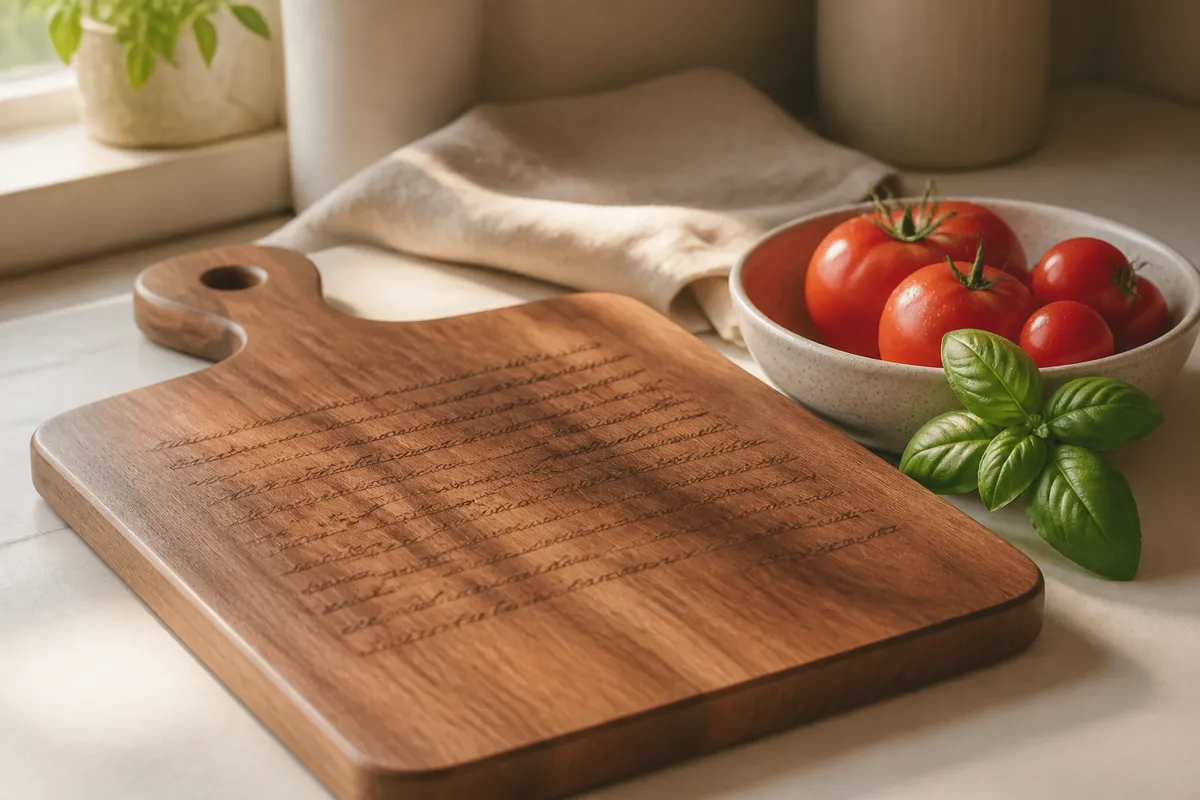 A wooden cutting board engraved with cursive handwriting softly out of focus, beside a bowl of tomatoes and a sprig of basil