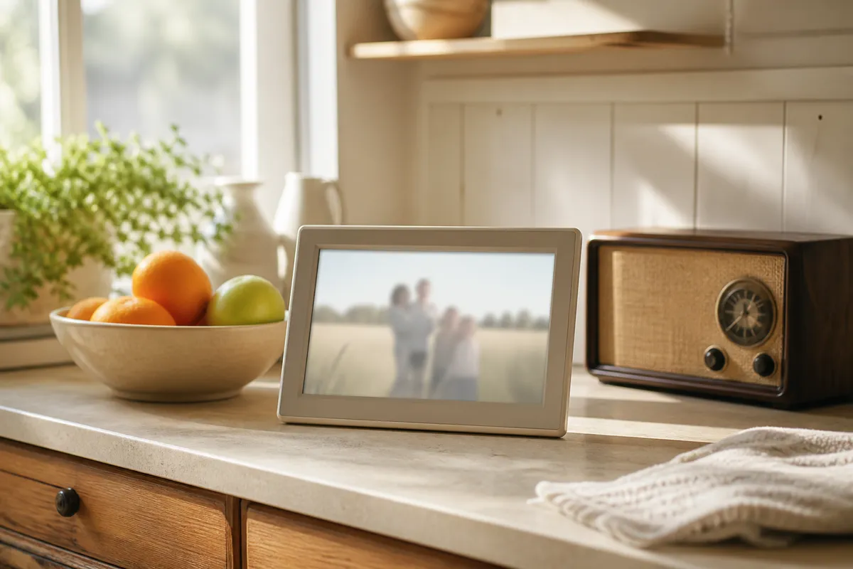 A digital frame on a kitchen counter showing a softly blurred family snapshot, beside a fruit bowl and an old radio