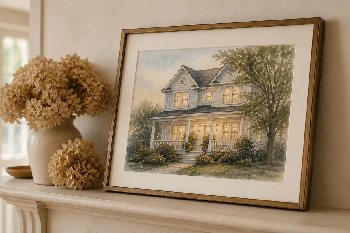 A framed watercolor of a two-story family house with a glowing porch light, propped on a mantel beside dried hydrangeas