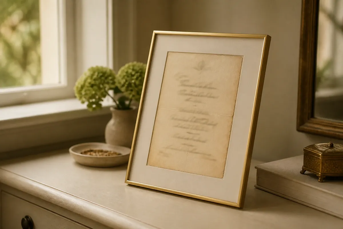 A yellowed wedding invitation float-mounted in a slim gold frame at an angle, the lettering softly out of focus, on a dresser