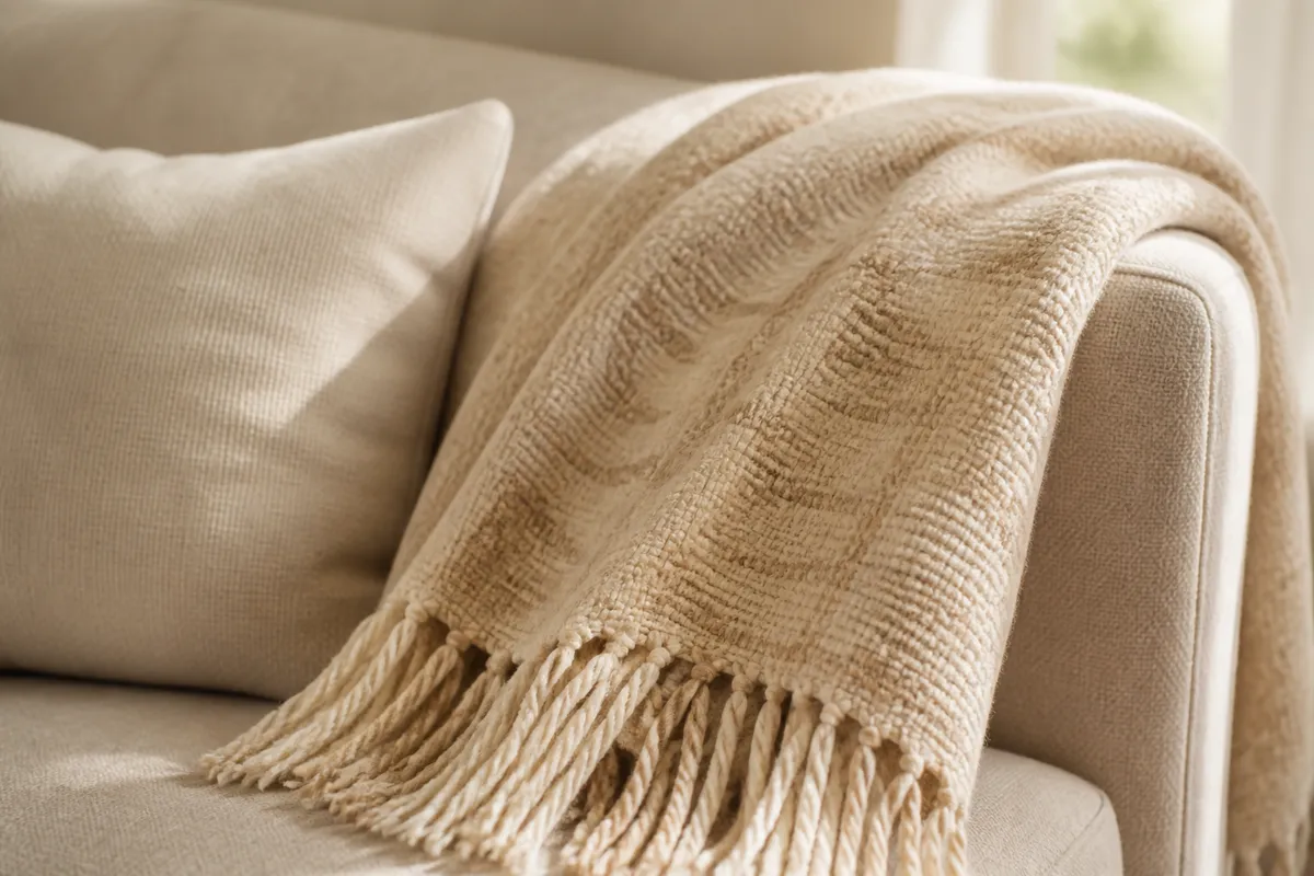 A woven throw blanket with names in the weave softly out of focus, draped over a couch arm beside a cushion, afternoon light