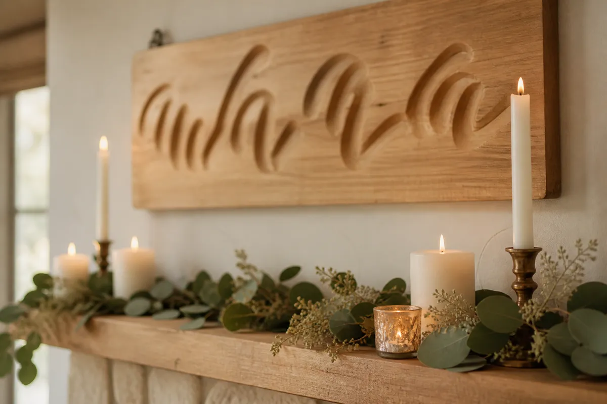 A wooden sign with routed lettering softly out of focus hanging above a mantel dressed with candles and greenery
