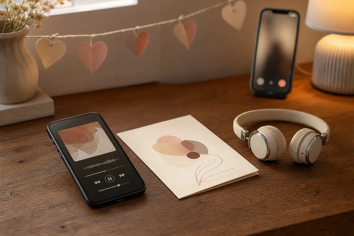 A smartphone playing music beside a printed cream song card and small headphones on a wooden desk, a second phone showing a softly blurred v
