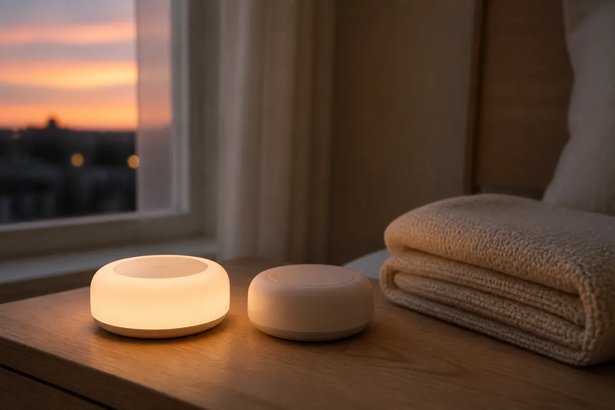 A pair of small round touch lamps, one glowing warm amber, on a bedside table beside a folded blanket, dusk light through the window