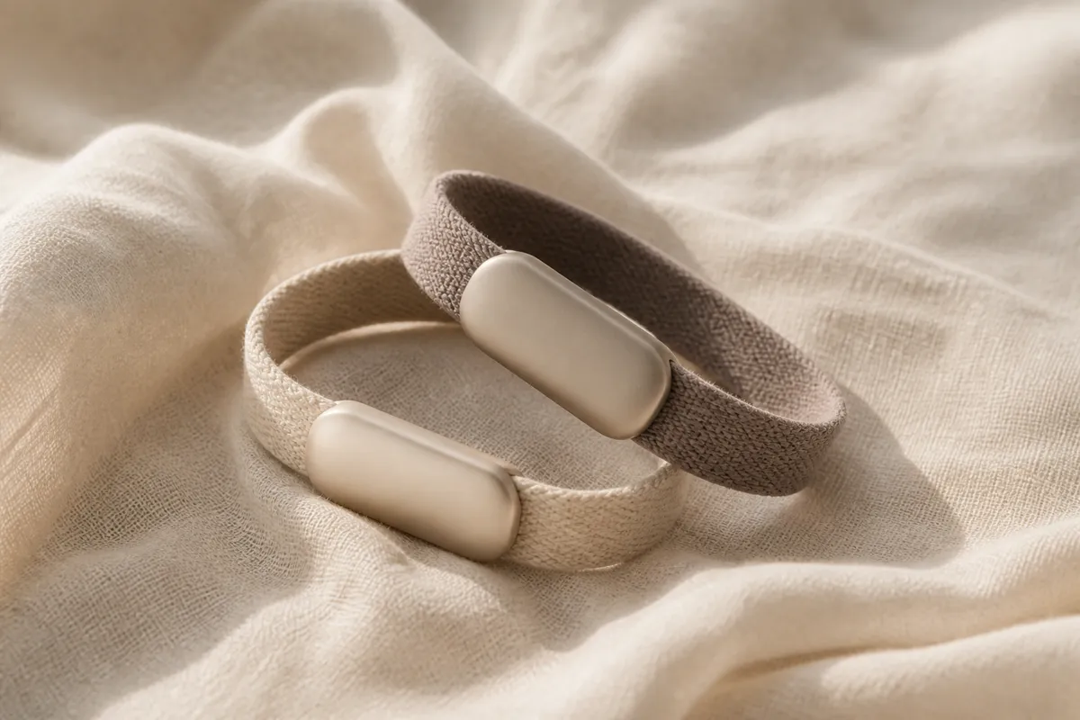 Two slim fabric-strap bracelets with small smooth modules lying crossed on cream linen
