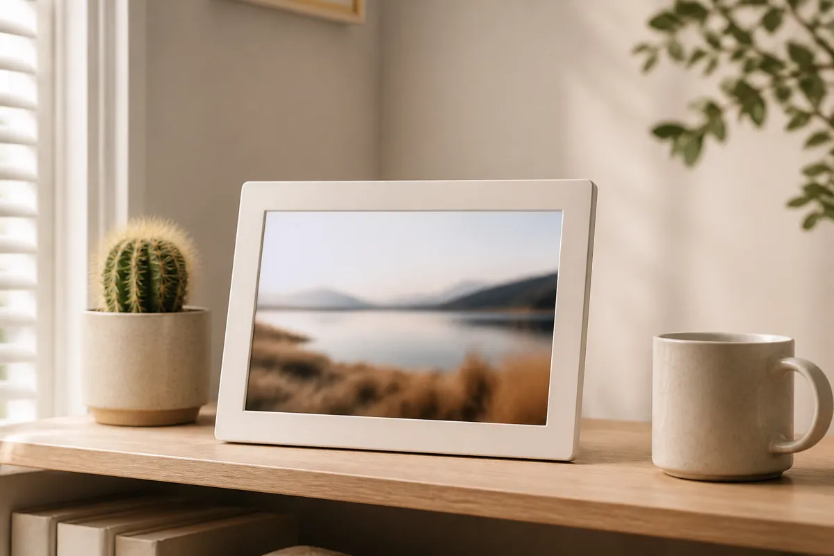 A digital photo frame on a desk shelf showing a softly blurred landscape photo, beside a small cactus and a mug