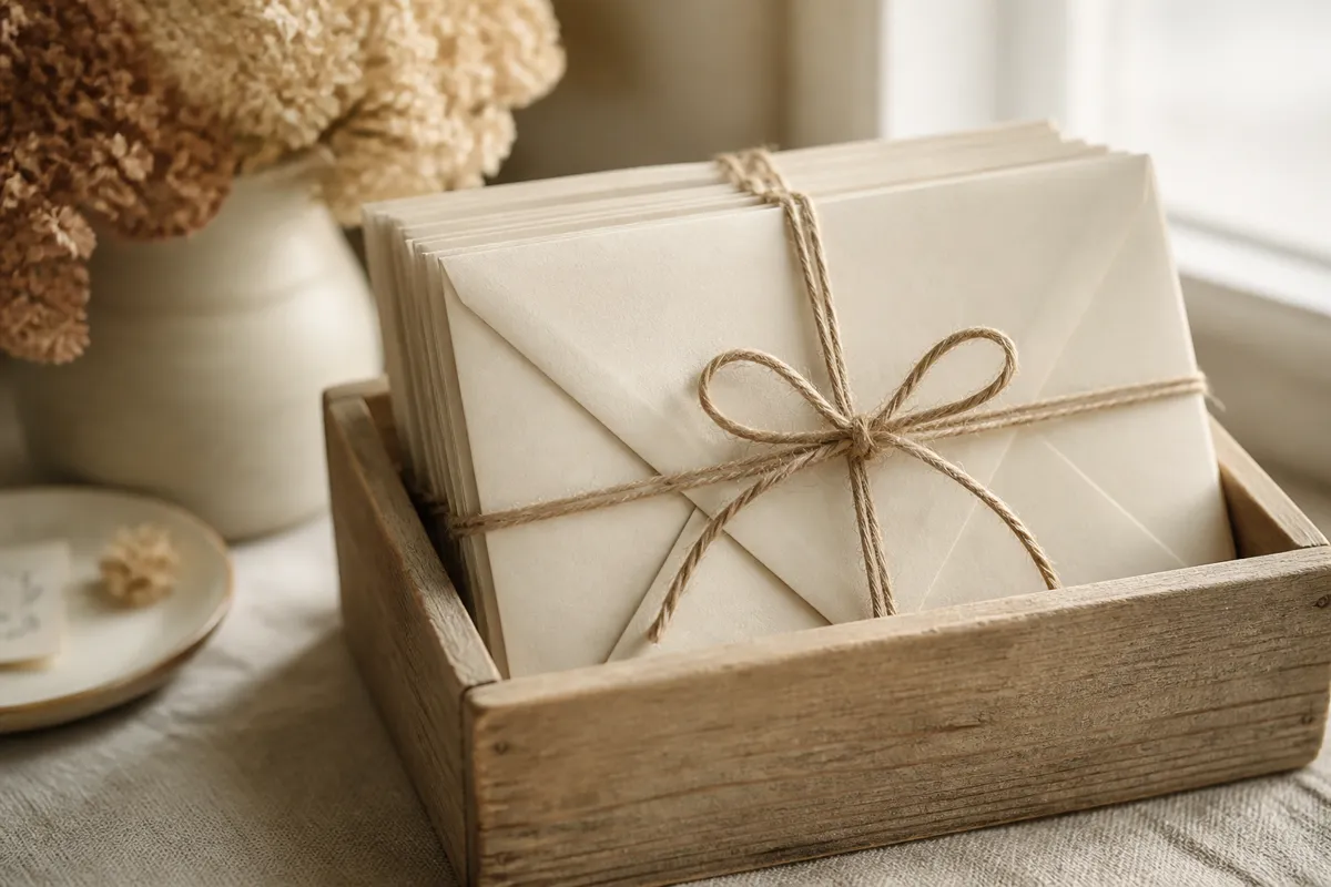 A bundle of sealed cream envelopes tied with twine in a small wooden box, the handwritten labels softly out of focus