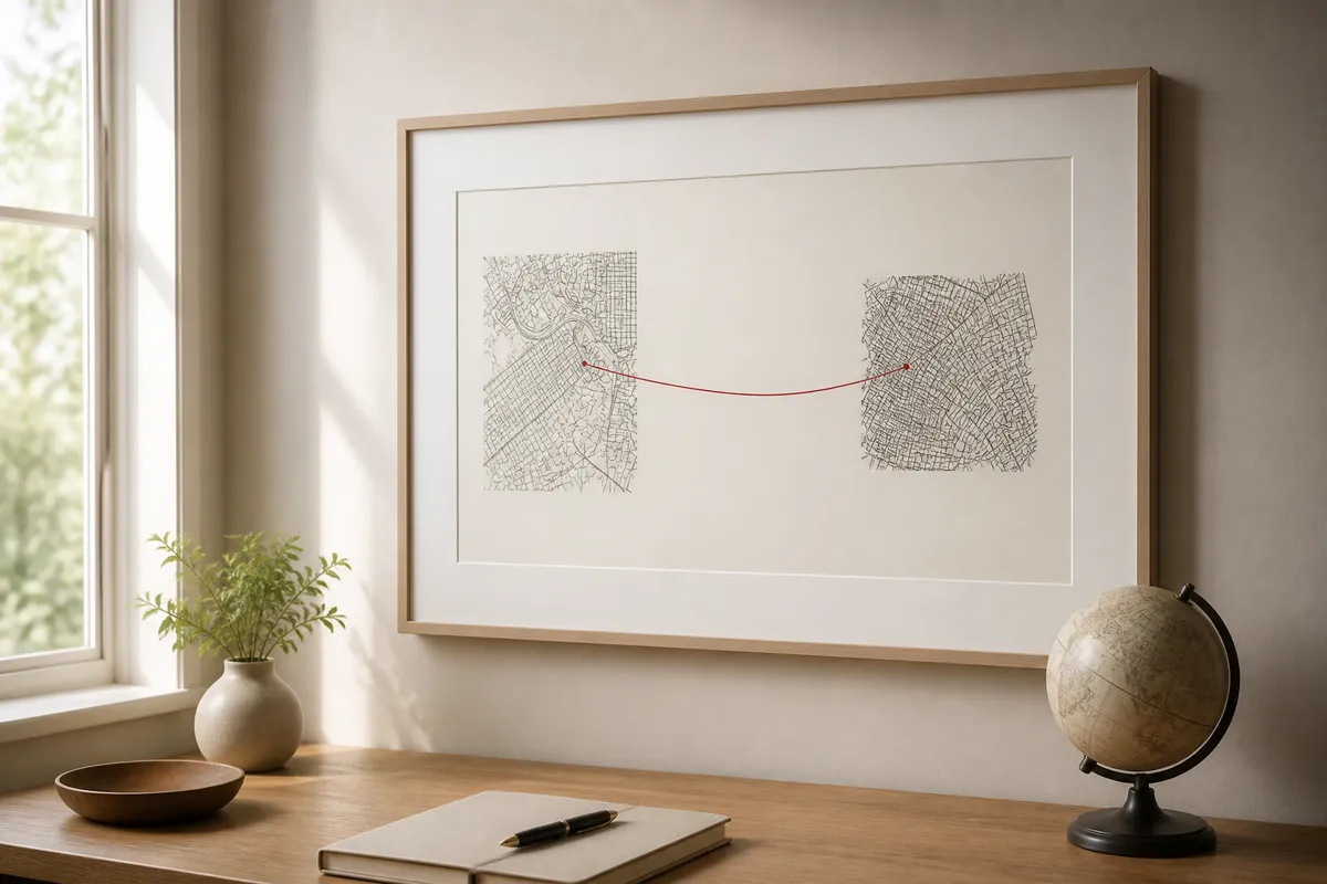 A framed print of two map fragments joined by a fine red thread line, hanging above a desk with a small globe, daylight