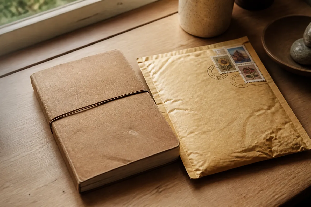 A worn kraft-paper notebook wrapped with an elastic band beside a stamped padded mailing envelope on a desk, afternoon light