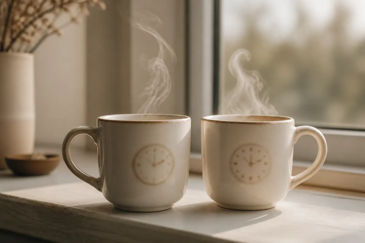 Two ceramic mugs side by side on a windowsill with steam rising, the tiny printed clock faces softly out of focus