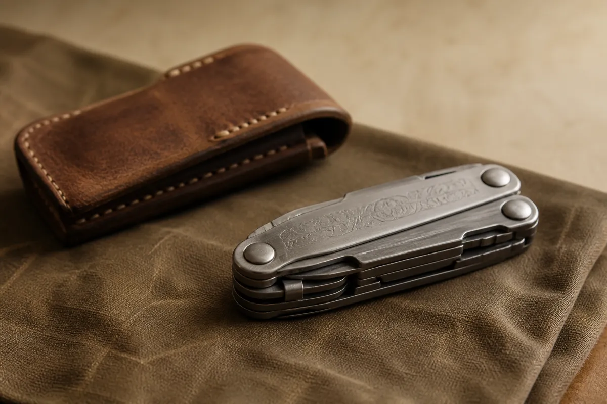 A folded multitool with a fine engraving softly out of focus on its handle, resting on waxed canvas beside a leather pouch