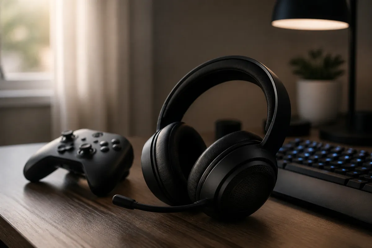 A black gaming headset resting on a desk beside a controller and a faintly glowing keyboard, cool evening desk-lamp light