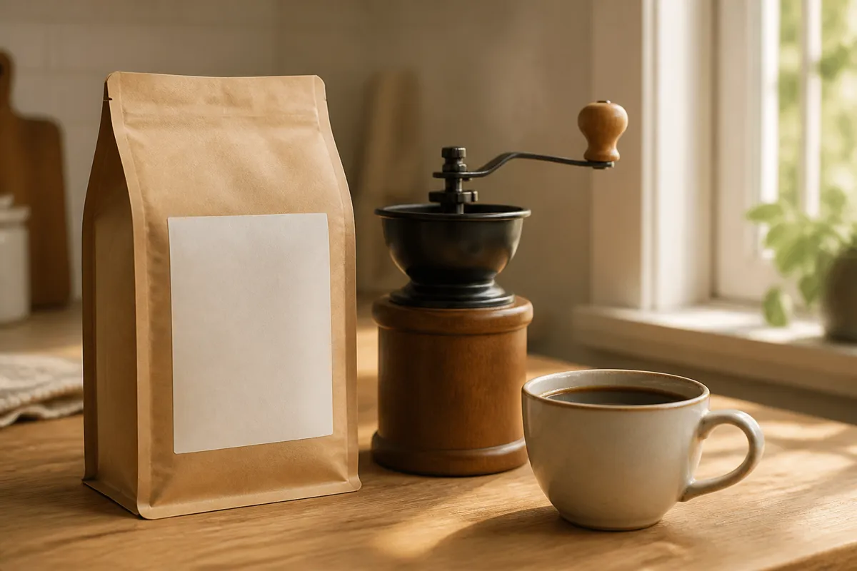 A kraft coffee bag with a plain unmarked label beside a hand grinder and a filled cup on a wooden counter