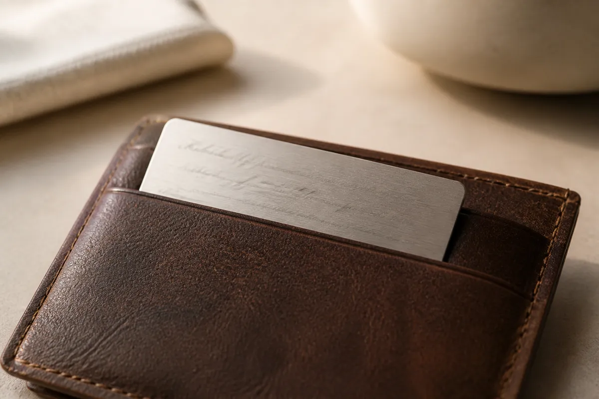 A thin brushed-metal card with engraved cursive softly out of focus, tucked halfway into a brown leather wallet on a table