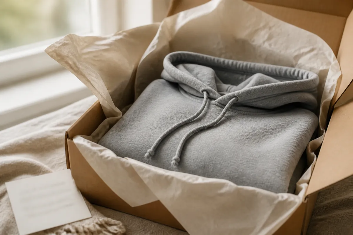 A folded heather-grey hoodie in an open shipping box with tissue paper and a small handwritten note out of focus, daylight