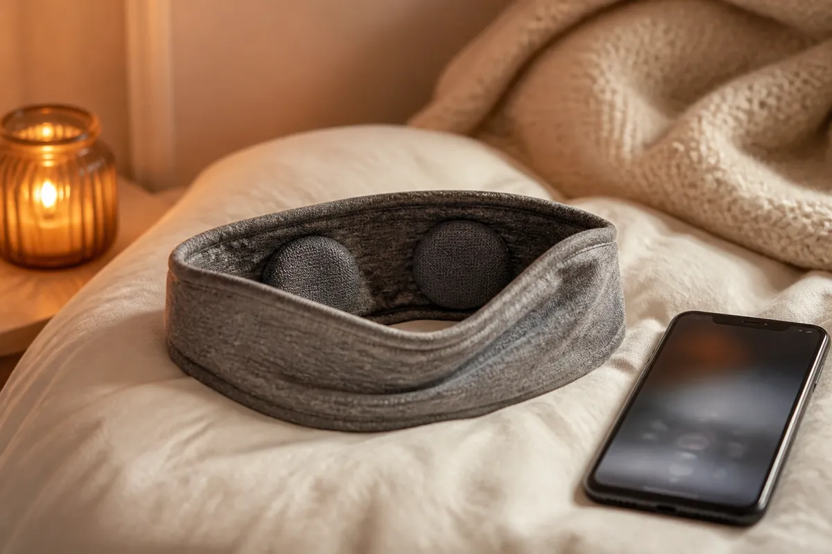 A soft grey fabric headband with flat speakers coiled on a pillow beside a phone with a dimmed, blurred call screen, low warm light